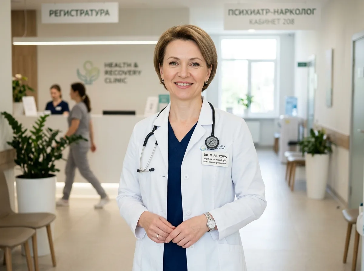 Психиатр-нарколог в белом халате стоит уверенно, светлый медицинский фон, профессиональный портрет, доброжелательный взгляд